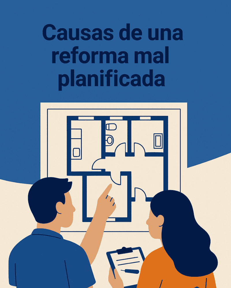Pareja revisando plano de reforma en su vivienda, discutiendo mejoras estructurales y de distribución, con identidad visual de DH60 Reformas Integrales en tonos azul y blanco.