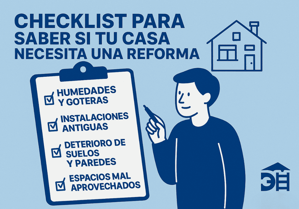 Checklist visual para saber si tu casa necesita una reforma, con ilustraciones de problemas comunes como humedades, suelos deteriorados e instalaciones antiguas, en estilo corporativo azul de DH60 Reformas Integrales.