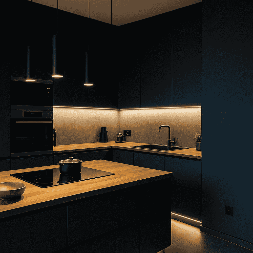 Cocina con isla central, acabados en madera y electrodomésticos integrados.
