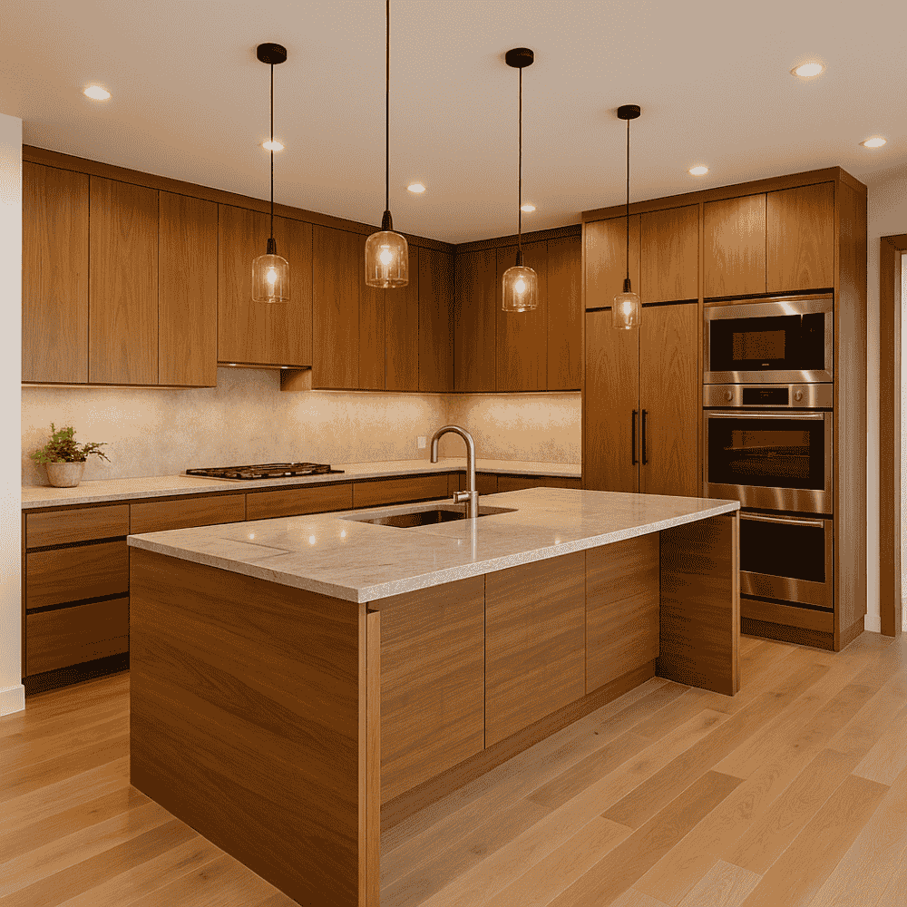 Diseño de cocina actual con domótica, luces LED y tonos azul oscuro.