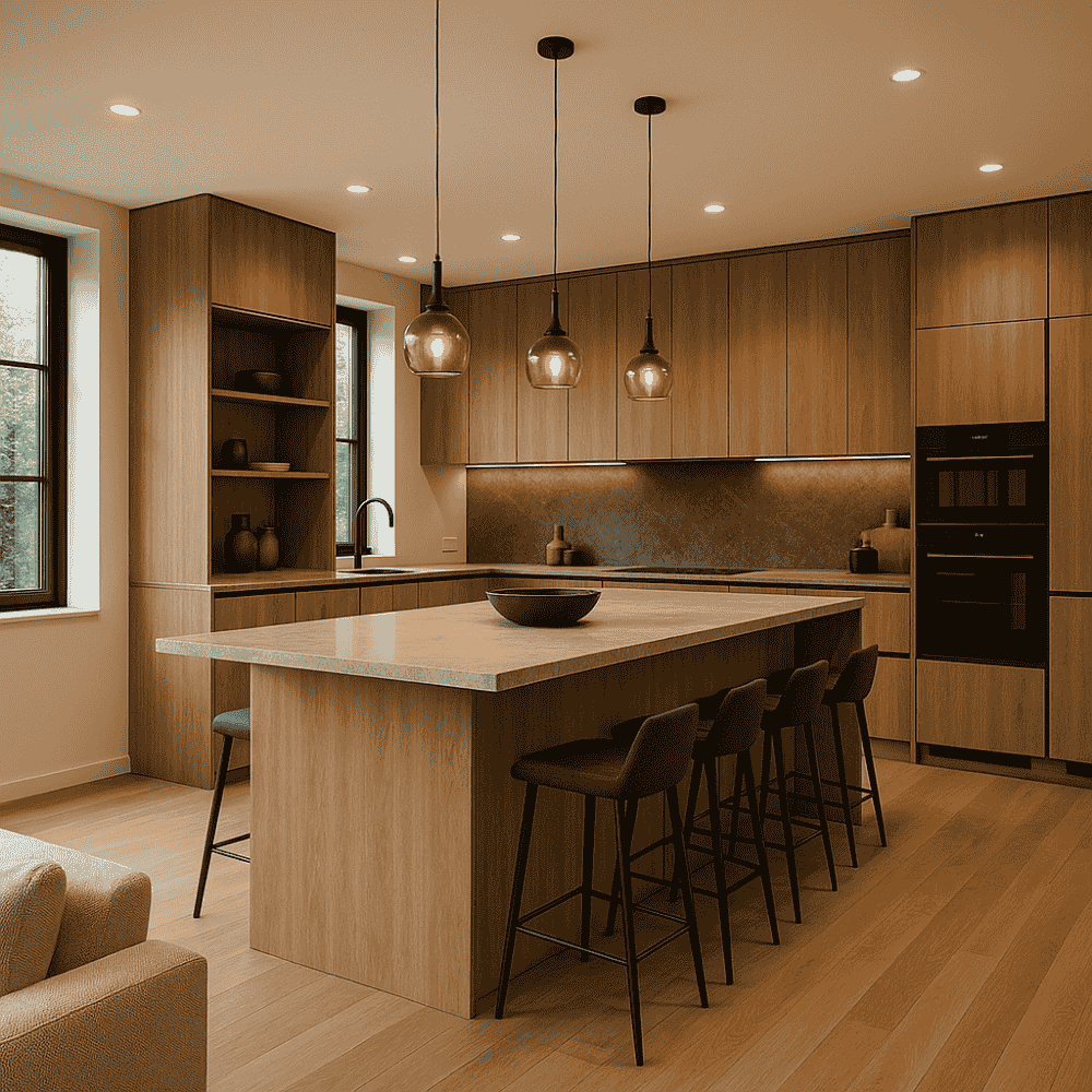 Cocina moderna con materiales naturales, iluminación decorativa y distribución abierta.