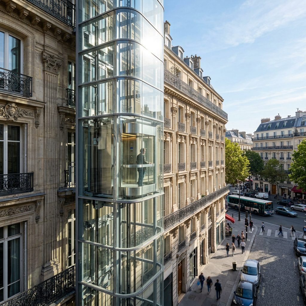 Elegante ascensor exterior de cristal adosado a la fachada de un edificio clásico en Terrassa