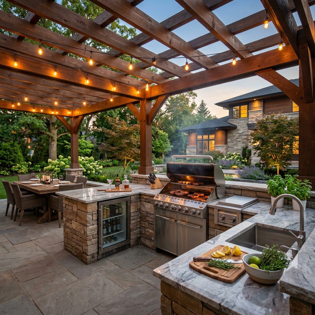 Lujosa cocina exterior moderna en jardín de Terrassa con pérgola de madera y parrilla de acero inoxidable