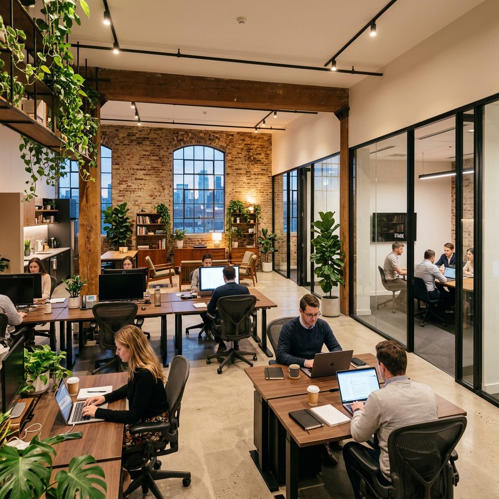 Interiorismo moderno de un espacio coworking en Terrassa con mamparas de cristal y plantas