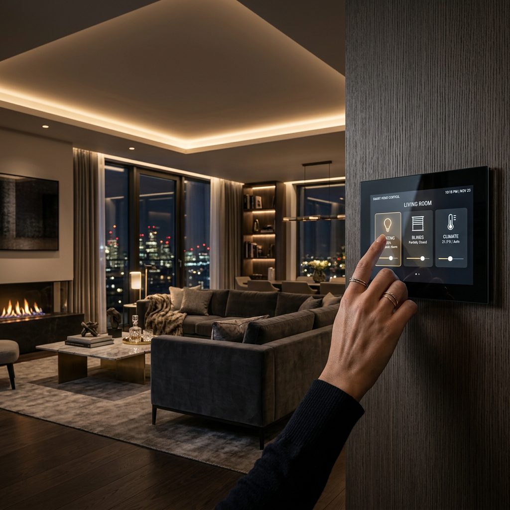 Persona controlando iluminación y persianas con un panel táctil KNX de cristal en una casa de Terrassa