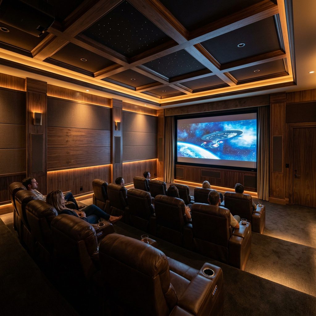 Sala de cine en casa en Terrassa completamente insonorizada con paneles acústicos de madera elegantes