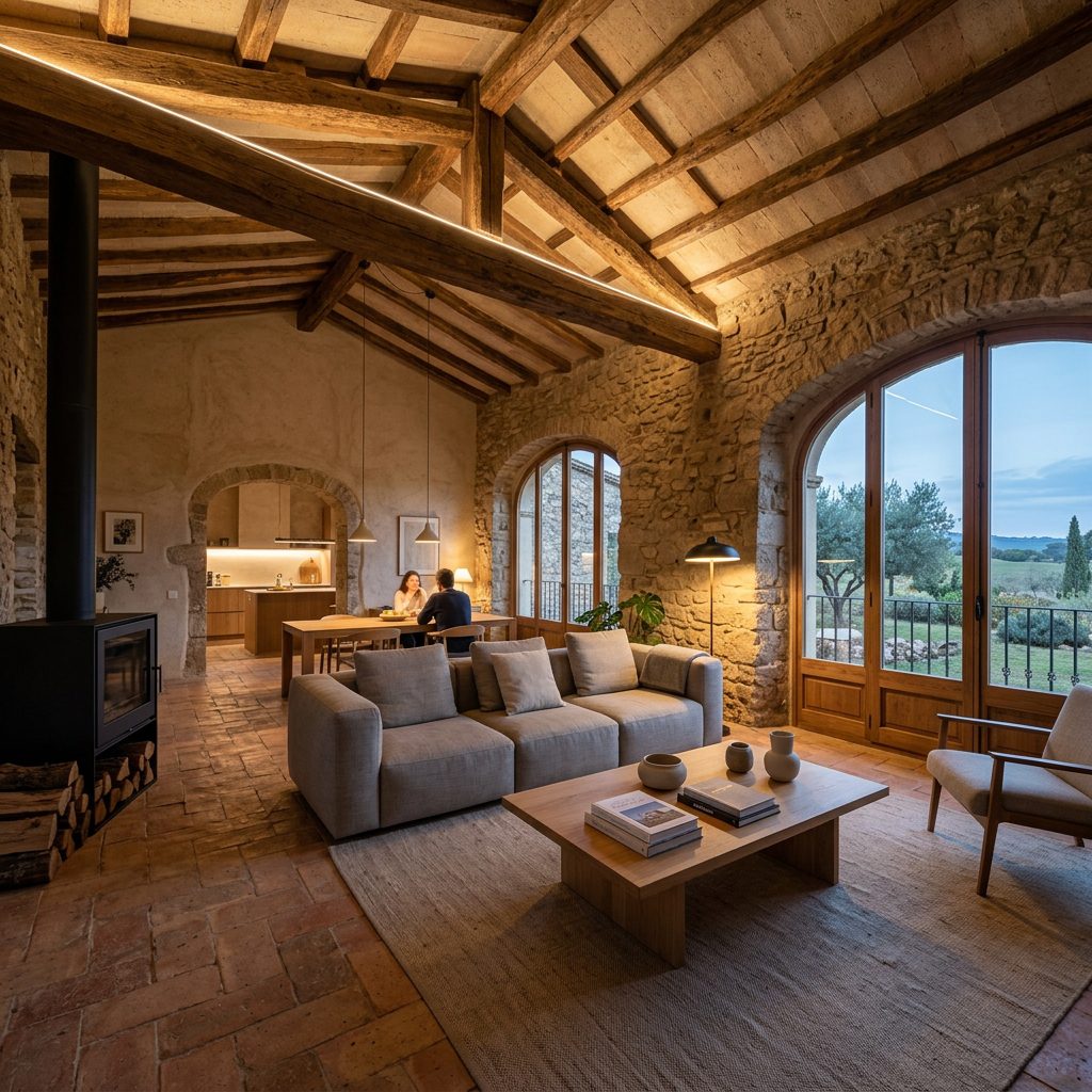 Interior rústico moderno de masía catalana reformada con vigas de madera