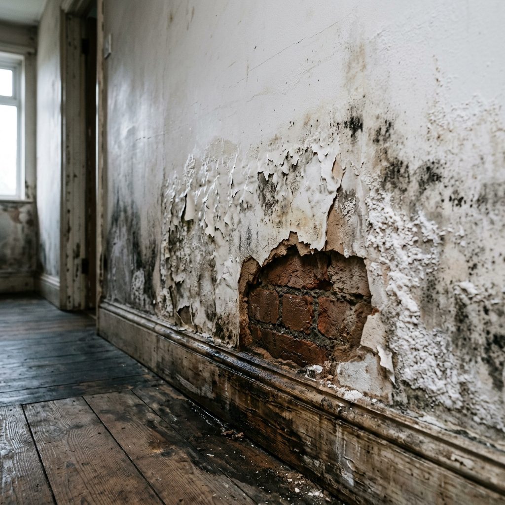 Pared interior con severa humedad por capilaridad y ladrillo visto