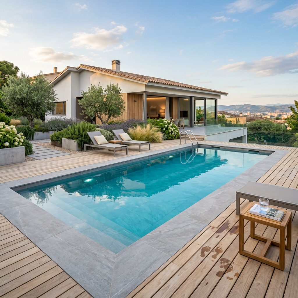 Impresionante piscina de obra moderna recién terminada en un jardín con madera