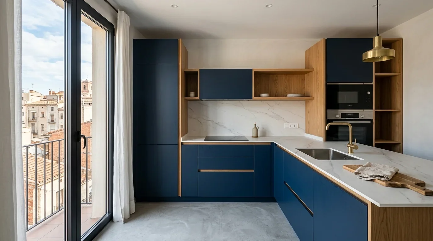 reforma integral de cocina en vivienda de Terrassa con mobiliario a medida y encimera técnica