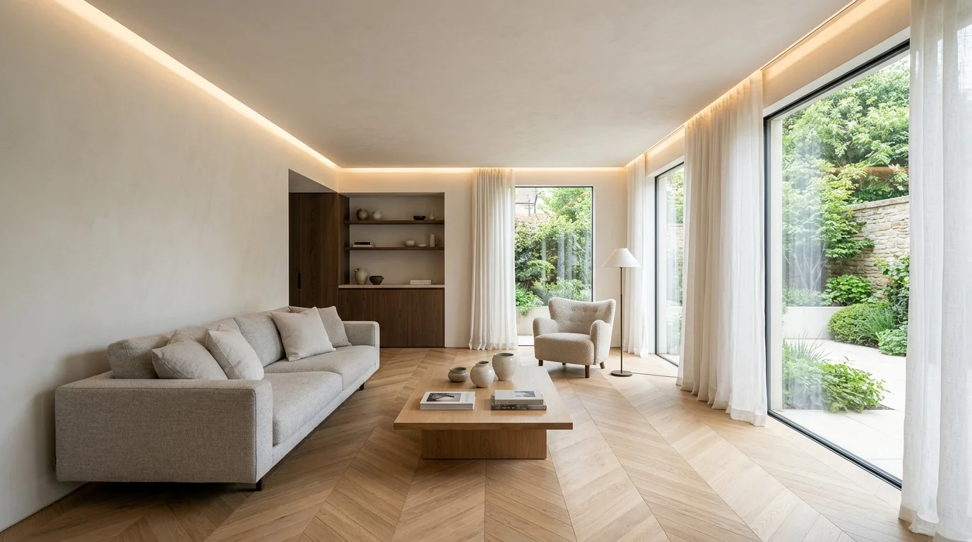 Salon reformado con techos bajos iluminado con fosa perimetral LED en Terrassa