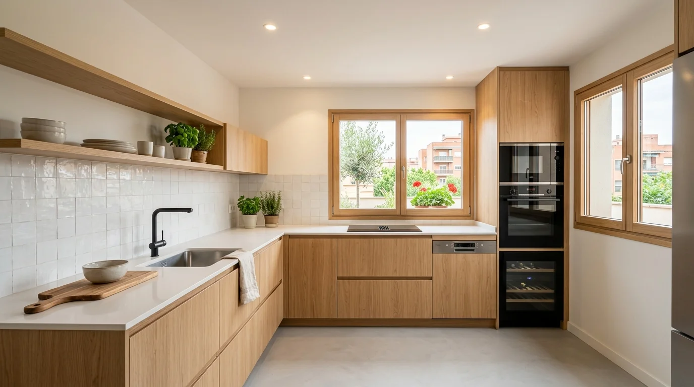 Cocina moderna y funcional con muebles laminados de roble y encimera de cuarzo en Terrassa
