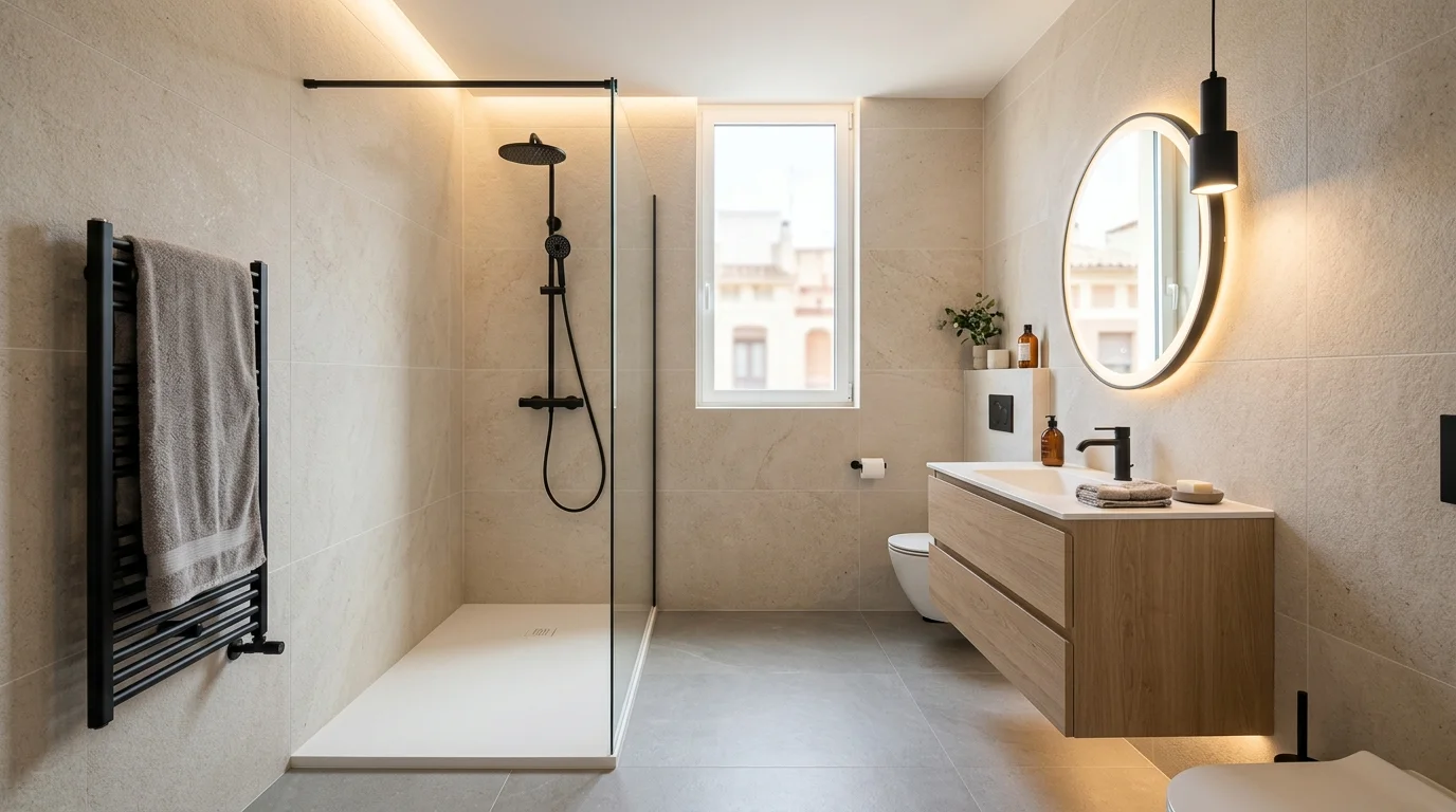 Baño moderno con plato de ducha de resina extraplano mampara fija y mueble suspendido en Terrassa