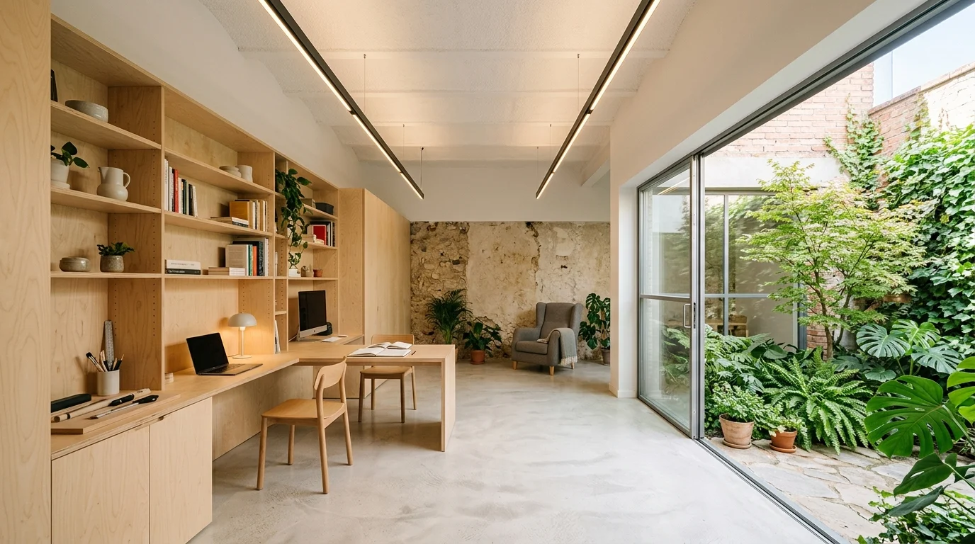 Garaje reformado en espacio habitable tipo estudio con suelo pulido y salida a patio en Terrassa