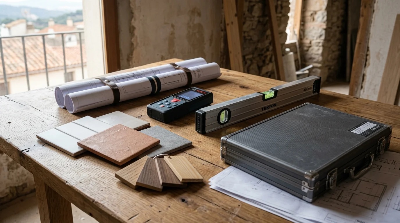 Checklist reforma casa en Terrassa con planos instrumentos de medicion laser y muestras de materiales constructivos