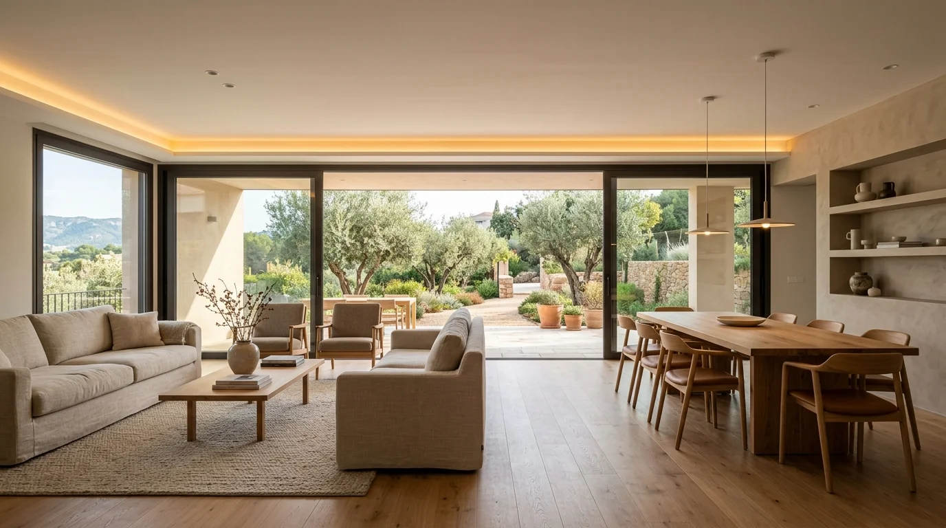 Espacio residencial reformado con serenidad y armonia arquitectonica en Terrassa con grandes ventanales y madera natural