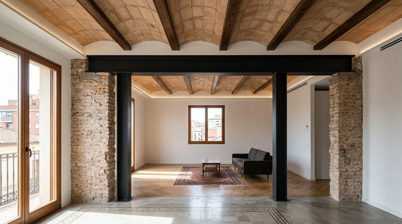 Apeo estructural con viga de acero laminado y boveda catalana tras tirar un muro de carga en Terrassa