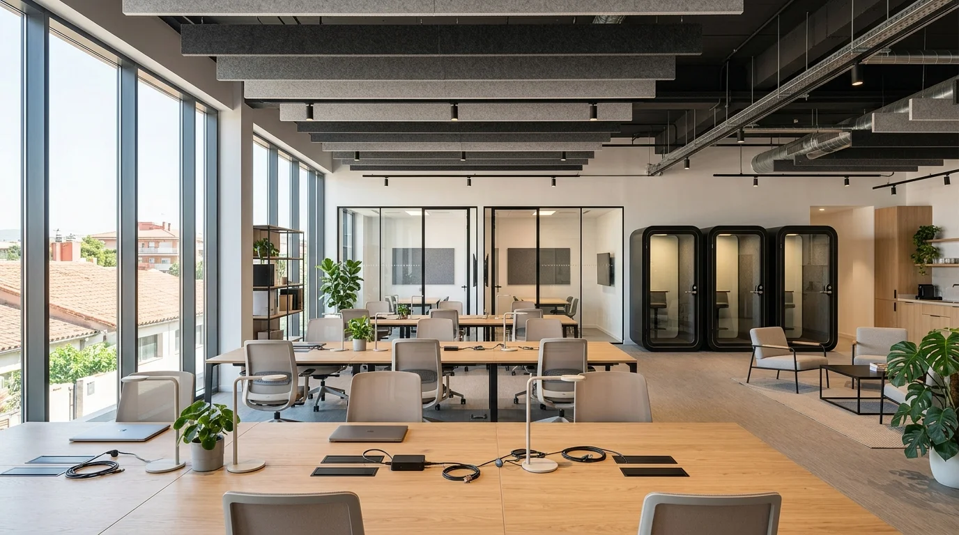 reforma de coworkings y oficinas en Terrassa distribucion de puestos flexibles salas de reuniones acusticas y suelo tecnico
