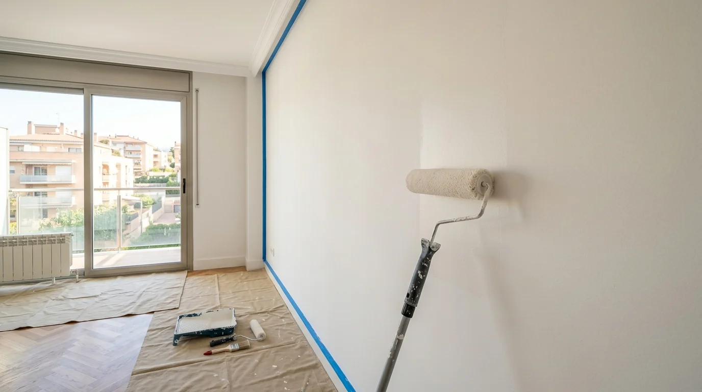 pintores en Terrassa aplicacion de pintura plastica mate lavable con rodillo y corte limpio
