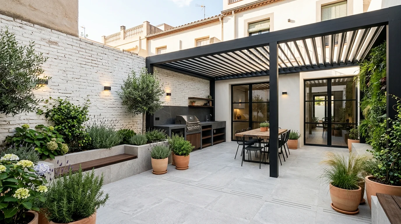 Reforma de patios exteriores en Terrassa con pavimento porcelánico antideslizante y pérgola bioclimática