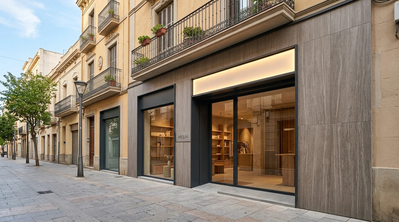 Reforma de fachada de local en Terrassa con carpintería metálica de seguridad y revestimiento porcelánico contemporáneo