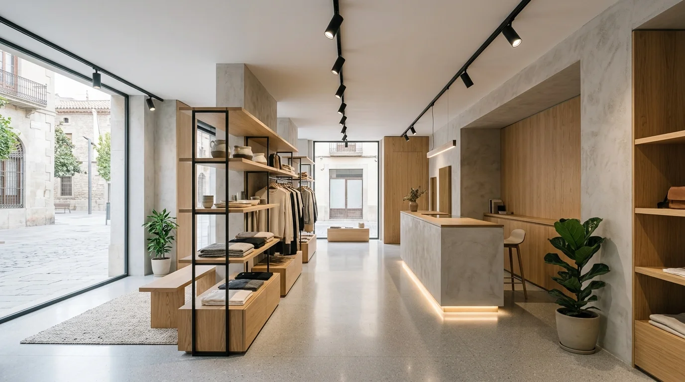 Interiorismo comercial en Terrassa con iluminación focalizada en carril, mobiliario a medida y recorrido retail optimizado
