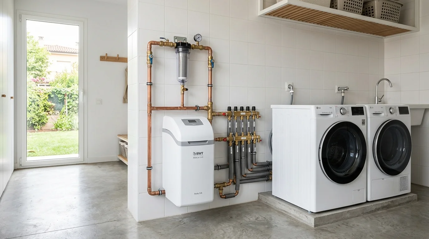 Instalación de descalcificador en Terrassa con equipo volumétrico de bajo consumo de sal y filtro de sedimentos previo