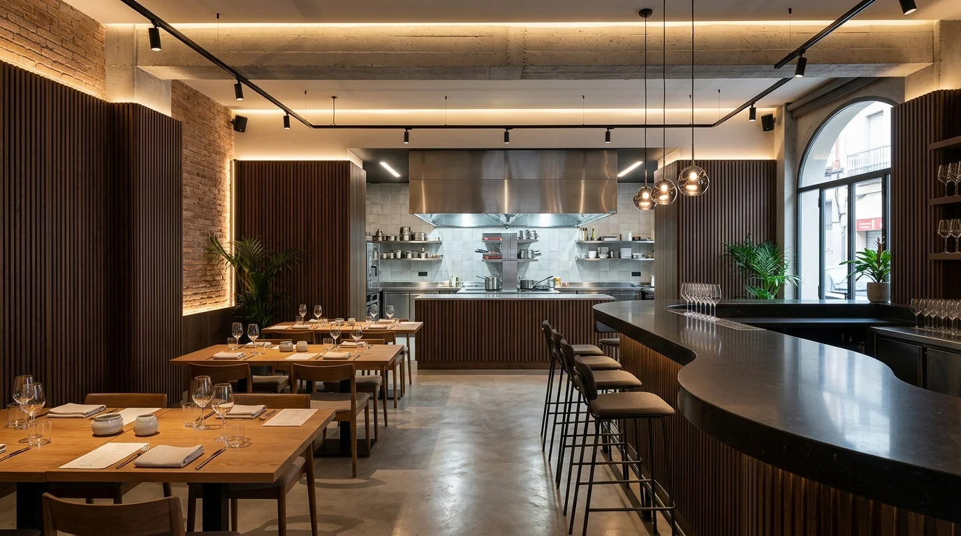Reforma integral de local comercial para restaurante en Terrassa con cocina industrial de acero inoxidable, comedor de diseño y barra continua